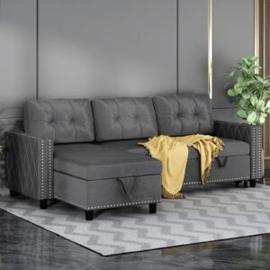 BALUS Sleeper Sofa, Futon Sofa Bed, Pull Out Sleeper Reversible Sectional Couch, Storage Chaise & Couch Bed, L Shape Couch Velvet Sleeper Sofa with Nailheads for Living Room - Dark Grey