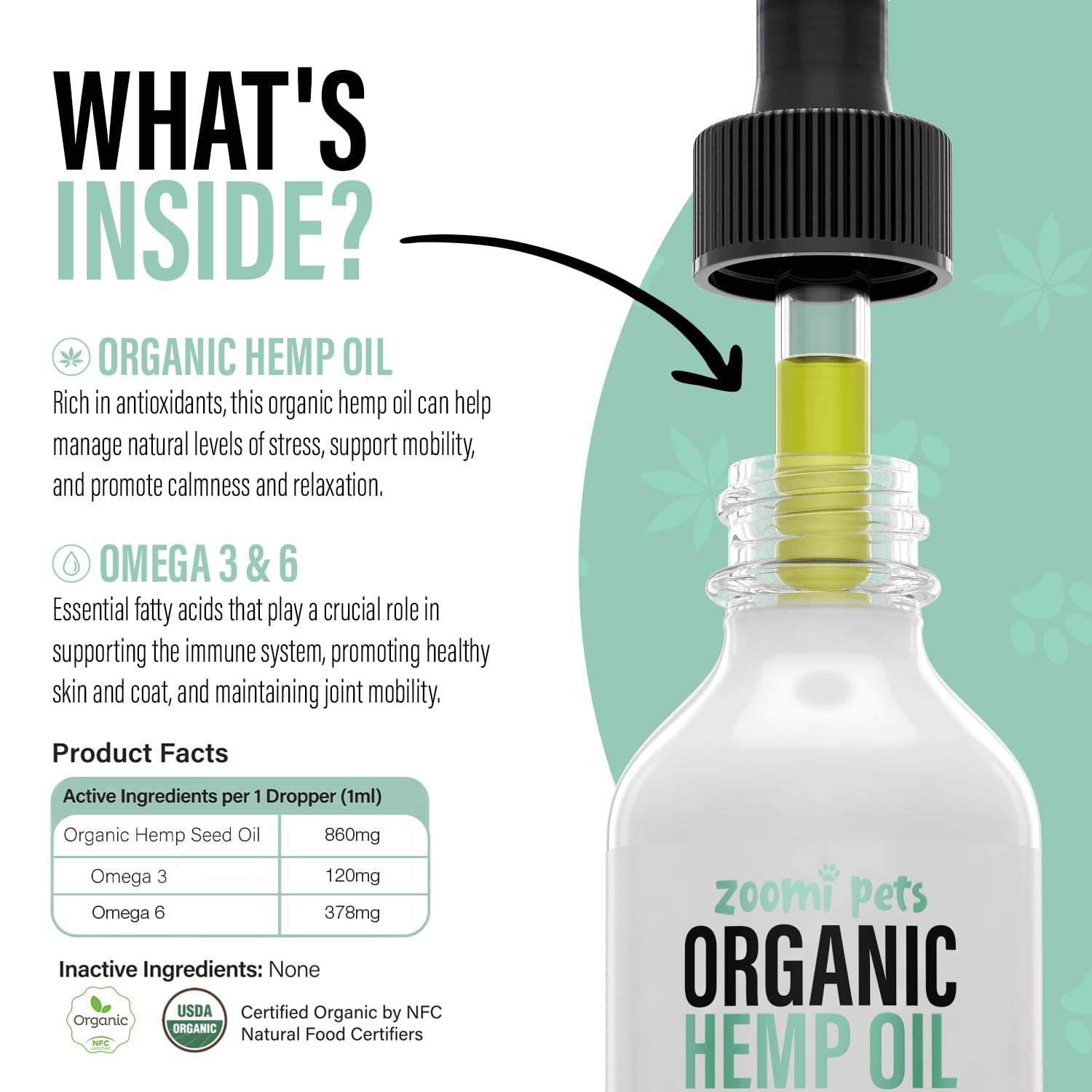 Zoomi Pets Calming Organic Hemp Oil for Dogs and Cats - Hemp Oil Drops with Omega Fatty Acids - Hip and Joint Support, Skin and Coat Health and Allergy Relief - Helps with Anxiety, Stress and Pain