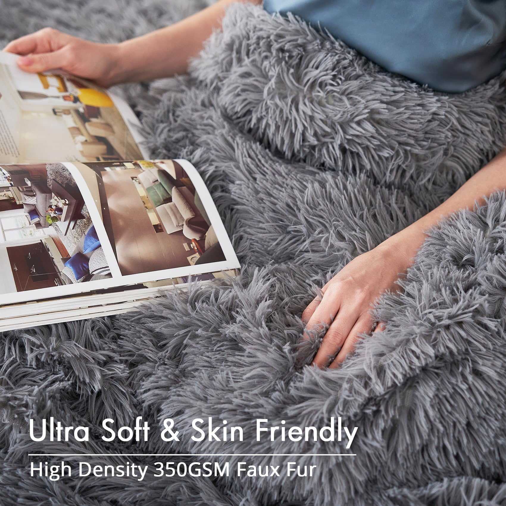 Sasttie Fluffy Duvet Cover Queen Size, 3 Pieces Shaggy Fuzzy Queen Duvet Cover Set, Grey Flannel Plush Faux Fur Duvet Cover with Zipper Closure, Corner Ties, 2 Pillowshams (90x90 Inch)