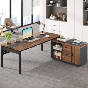 Tribesigns 70.8" Large Executive Office Desk and 47" Lateral File Cabinet Combo, L-Shaped Computer Desk 2 Piece Business Furniture with Drawers and Shelves, Home Office Workstation, Walnut