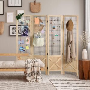 Wnutrees 4 Panel Gridwall Display, Portable Freestanding Display Board for Craft/Art Shows, Retail, Events, Decorative Wood Room Divider Folding Screens, Natural