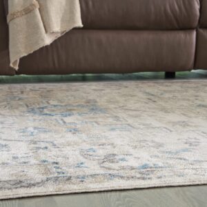 Signature Design by Ashley Barkham Transitional Machine Washable 8x10 Area Rug, Light Gray & Blue