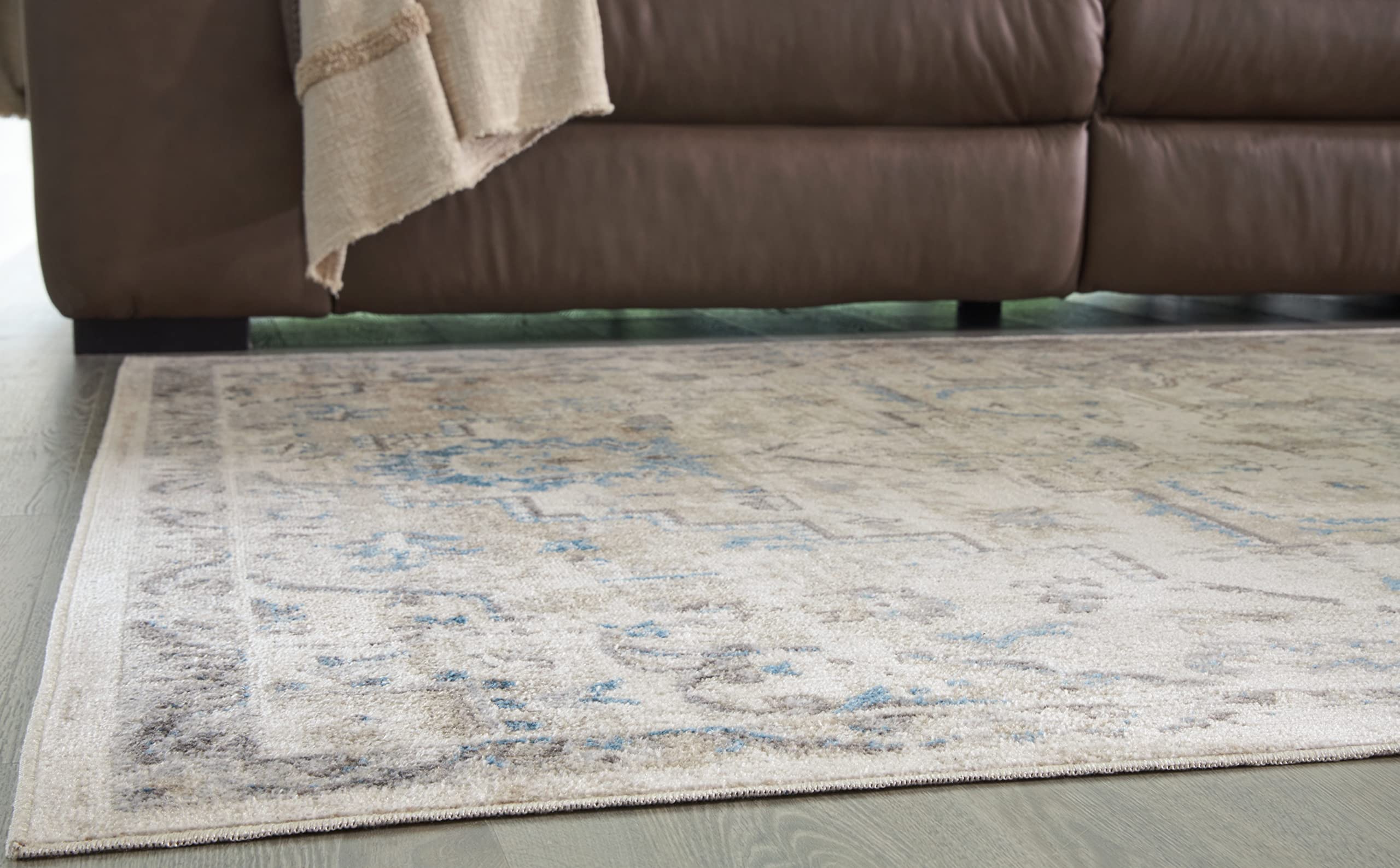 Signature Design by Ashley Barkham Transitional Machine Washable 8x10 Area Rug, Light Gray & Blue