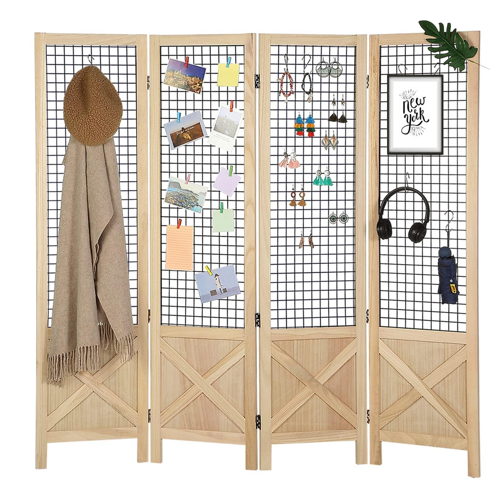 Wnutrees 4 Panel Gridwall Display, Portable Freestanding Display Board for Craft/Art Shows, Retail, Events, Decorative Wood Room Divider Folding Screens, Natural