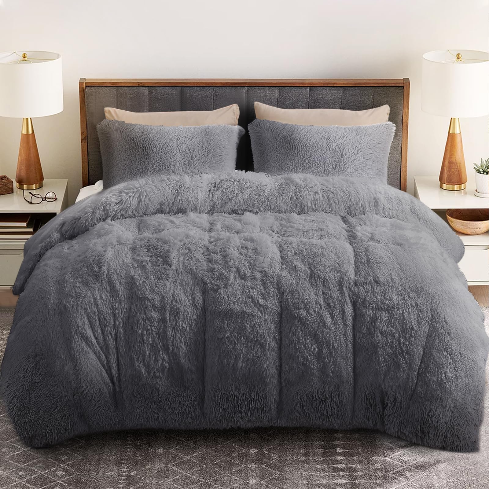 Sasttie Fluffy Duvet Cover Queen Size, 3 Pieces Shaggy Fuzzy Queen Duvet Cover Set, Grey Flannel Plush Faux Fur Duvet Cover with Zipper Closure, Corner Ties, 2 Pillowshams (90x90 Inch)