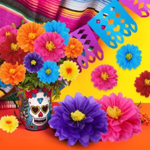 18 Pcs Mexican Paper Flowers Colorful Fiesta Tissue Paper Flowers Pom Poms Mexican Carnival Paper Flowers for Floral Party Backdrop Wedding Birthday Party Craft, 6" 8" 10"