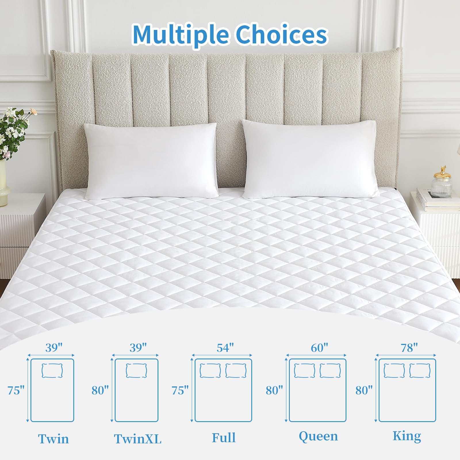 Yinlnpaul Queen Quilted Fitted Mattress Pad Breathable Mattress Protector Queen Size Machine Washable Mattress Cover Soft Mattress Topper with Deep Pocket Fitted 21 Inches (Queen,White)