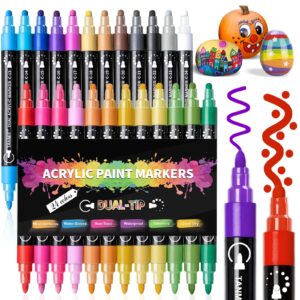 acrylic paint pens markers, 24 colors dual tip acrylic paint pens for rock painting, wood, canvas, stone, glass, ceramic surfaces, diy crafts making art supplies (round tip and fine tip)