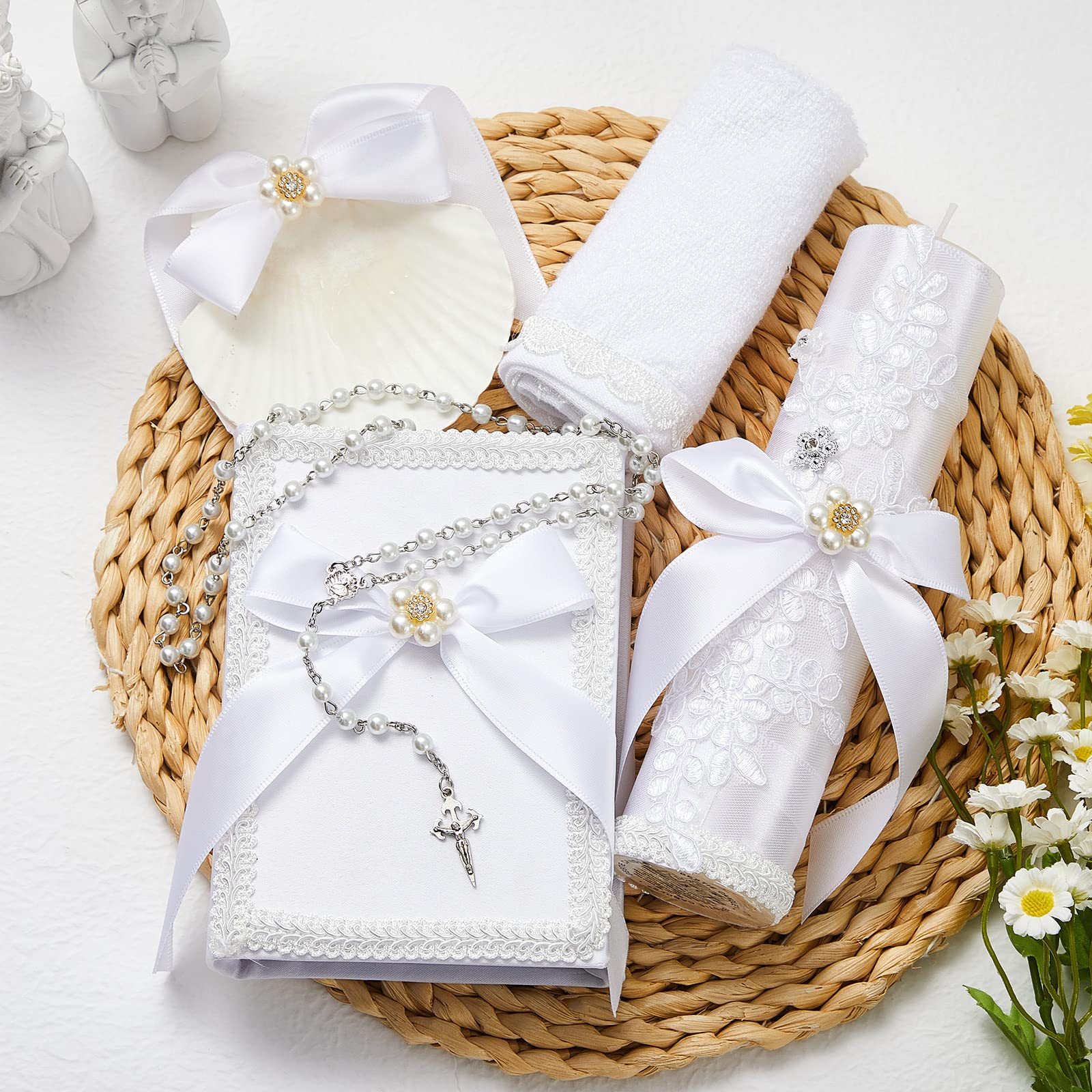 5 Pcs White Baptism Candle Set for Boys Girls Included Lady of Guadalupe Catholic Candle Baptismal Devotional Candle, Baptism Towel, Rosary, Bible, Shell Kit with Pearls Details for Christenings Favor