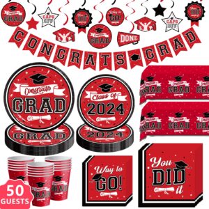 dazonge graduation decorations class of 2024 red and black, disposable graduation tableware kit for 50 guests, plates, napkins, cups, tablecloth and hanging 2024 graduation party decorations