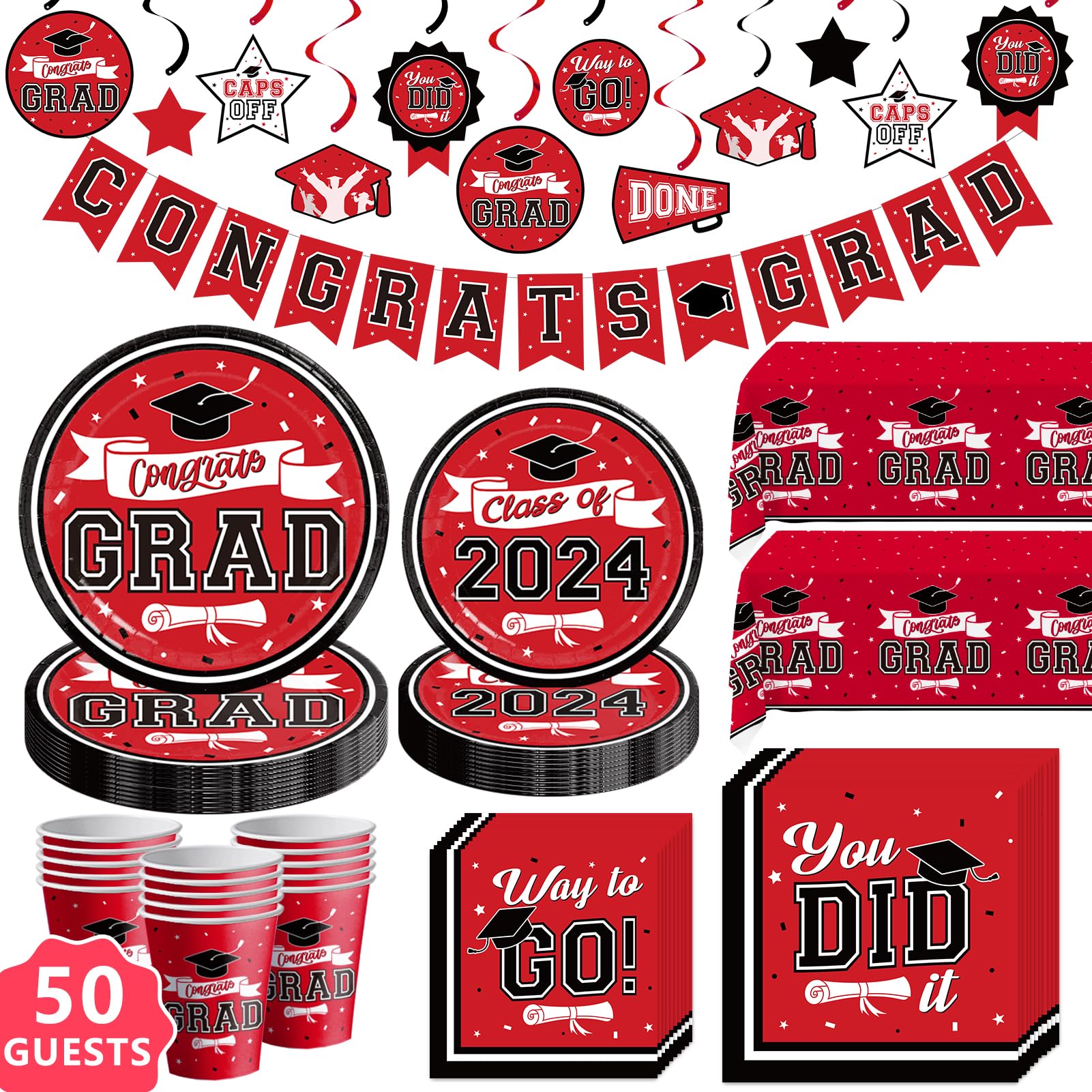 DAZONGE Graduation Decorations Class of 2024 Red and Black, Disposable Graduation Tableware Kit for 50 Guests, Plates, Napkins, Cups, Tablecloth and Hanging 2024 Graduation Party Decorations