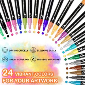 Acrylic Paint Pens Markers, 24 Colors Dual Tip Acrylic Paint Pens for Rock Painting, Wood, Canvas, Stone, Glass, Ceramic Surfaces, DIY Crafts Making Art Supplies (Round Tip and Fine Tip)