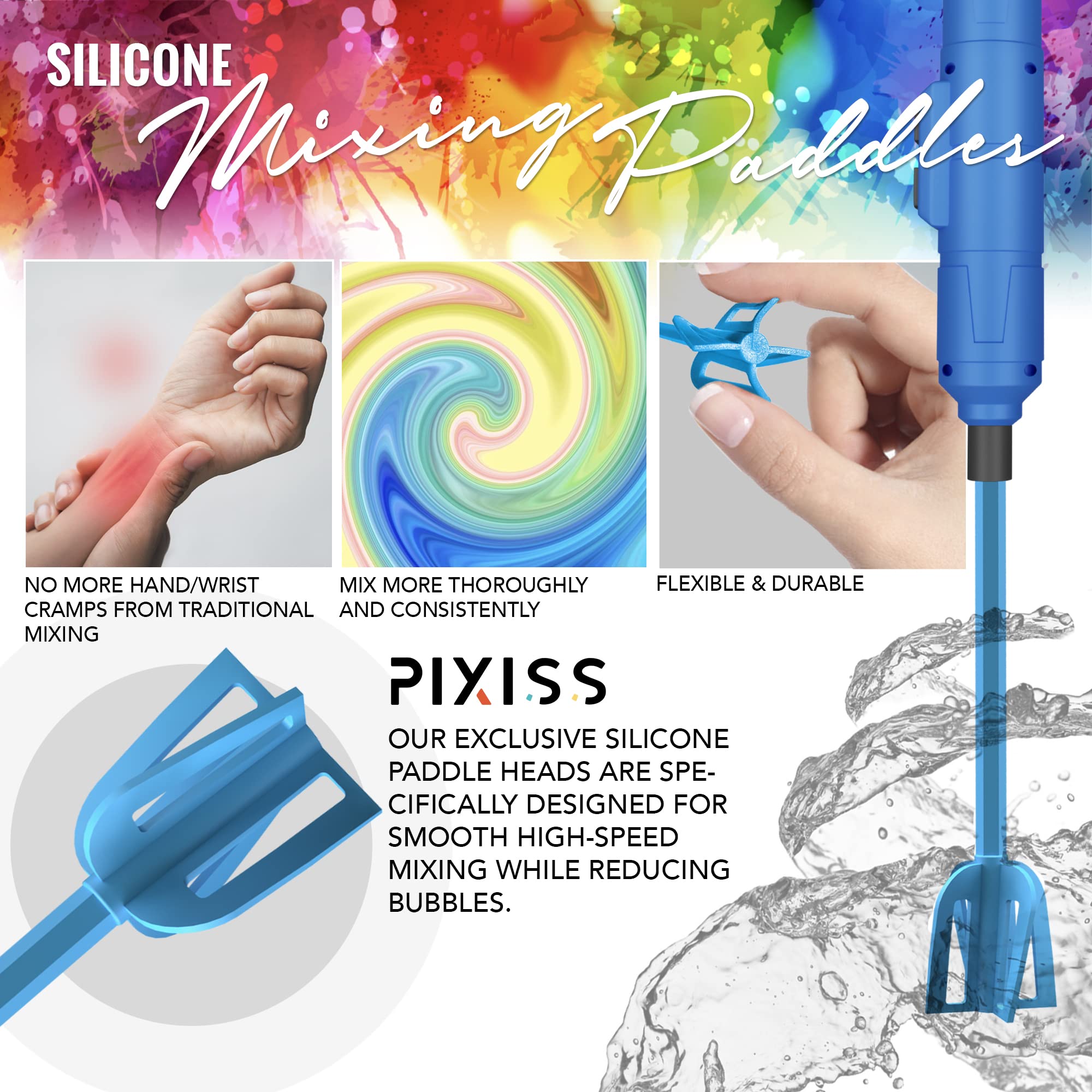 Epoxy Resin Mixer Silicone Paddles - 3 Reusable Pixiss Multipurpose Bidirectional Paint Stirrer for Drill Epoxy & Paint Mixer Drill Attachment - Paint Stirrers Epoxy Stirrer - Paint Mixer for Drill