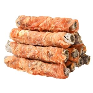 asmpet dog treats, chicken wrapped cod skins for dogs fish skin dog treats rich in omega3 rawhide free grain free all natural dog treats healthy for small medium large dogs (5 pcs,10.6 oz)