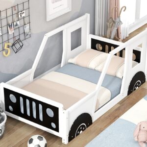 Twin Size Kids Bed, Classic Car-Shaped Platform Bed with Wheels, Wood Twin Montessori Floor Bed for Kids Boy Girls, Lightning McQueen Bed (White+Black)