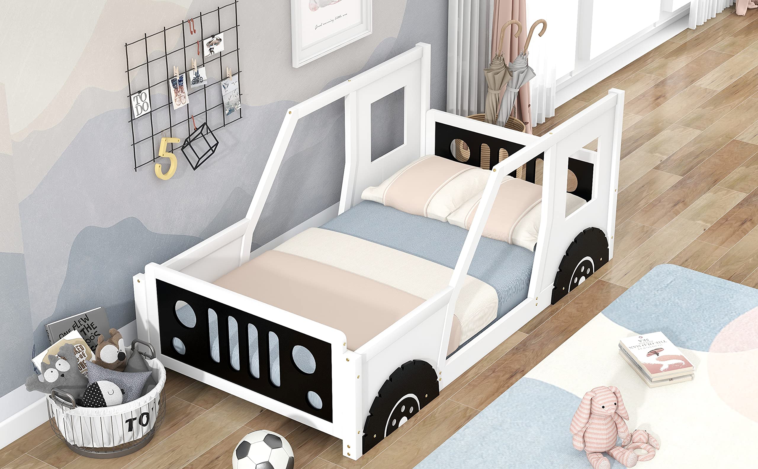 Twin Size Kids Bed, Classic Car-Shaped Platform Bed with Wheels, Wood Twin Montessori Floor Bed for Kids Boy Girls, Lightning McQueen Bed (White+Black)