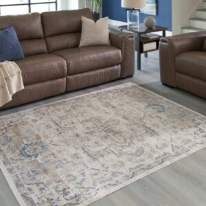 Signature Design by Ashley Barkham Transitional Machine Washable 8x10 Area Rug, Light Gray & Blue