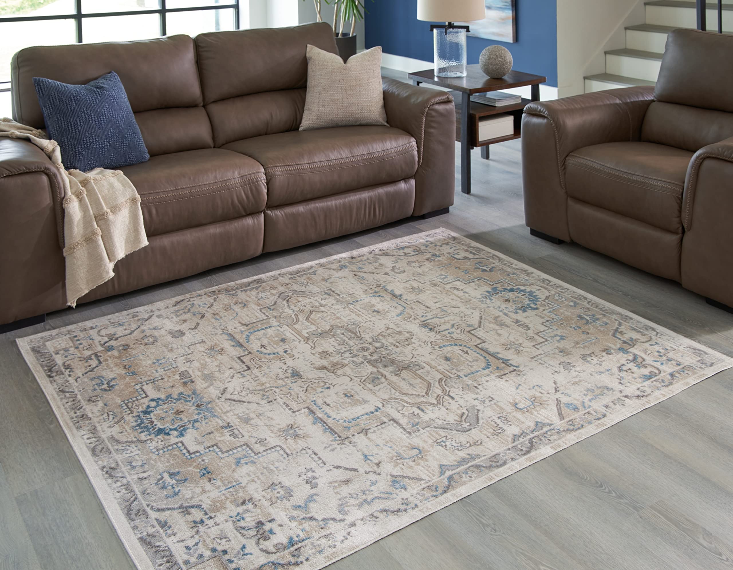 Signature Design by Ashley Barkham Transitional Machine Washable 8x10 Area Rug, Light Gray & Blue