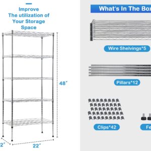 5-Tier Metal Wire Shelving Unit Kitchen Shelf Organizer Kitchen Storage Rack Utility Shelf Snack Shelf, NSF Certified Storage Shelves for Storage, Garage Shelving Storage Shelf Pantry Shelves