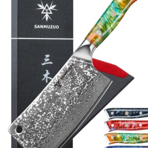 SANMUZUO Chopping Knife - 7 inch Cleaver Knife- Xuan Series - VG10 Damascus Steel Kitchen Knife - Resin Handle (Fantasy Orange)