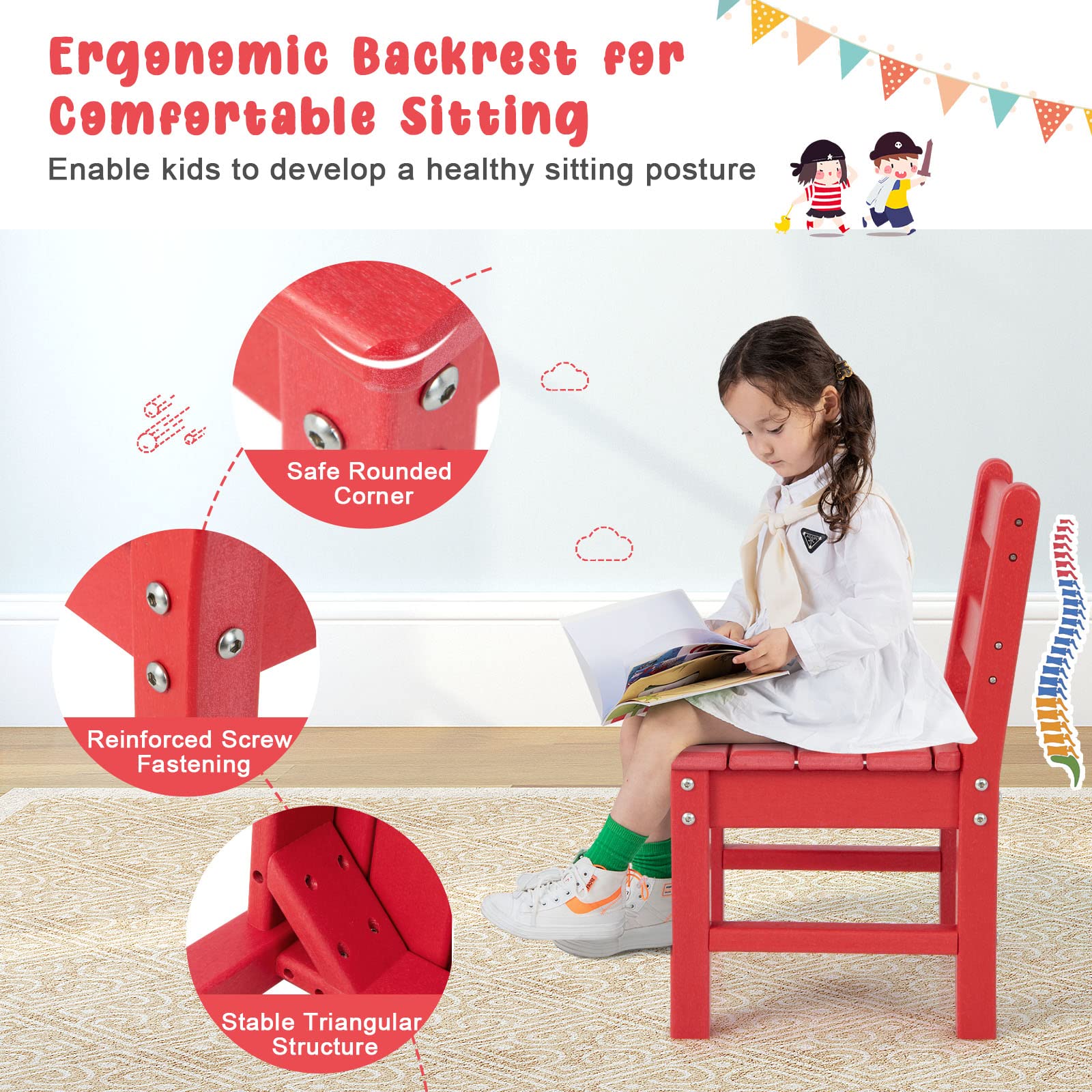 Costzon Kids Chair, 2PCS All-Weather & Heavy-Duty Children Learning Chairs w/Backrest for Playroom, Nursery, Backyard, Garden, Indoor & Outdoor Gift for Boys Girls, Waterproof Toddler Chair (Red)