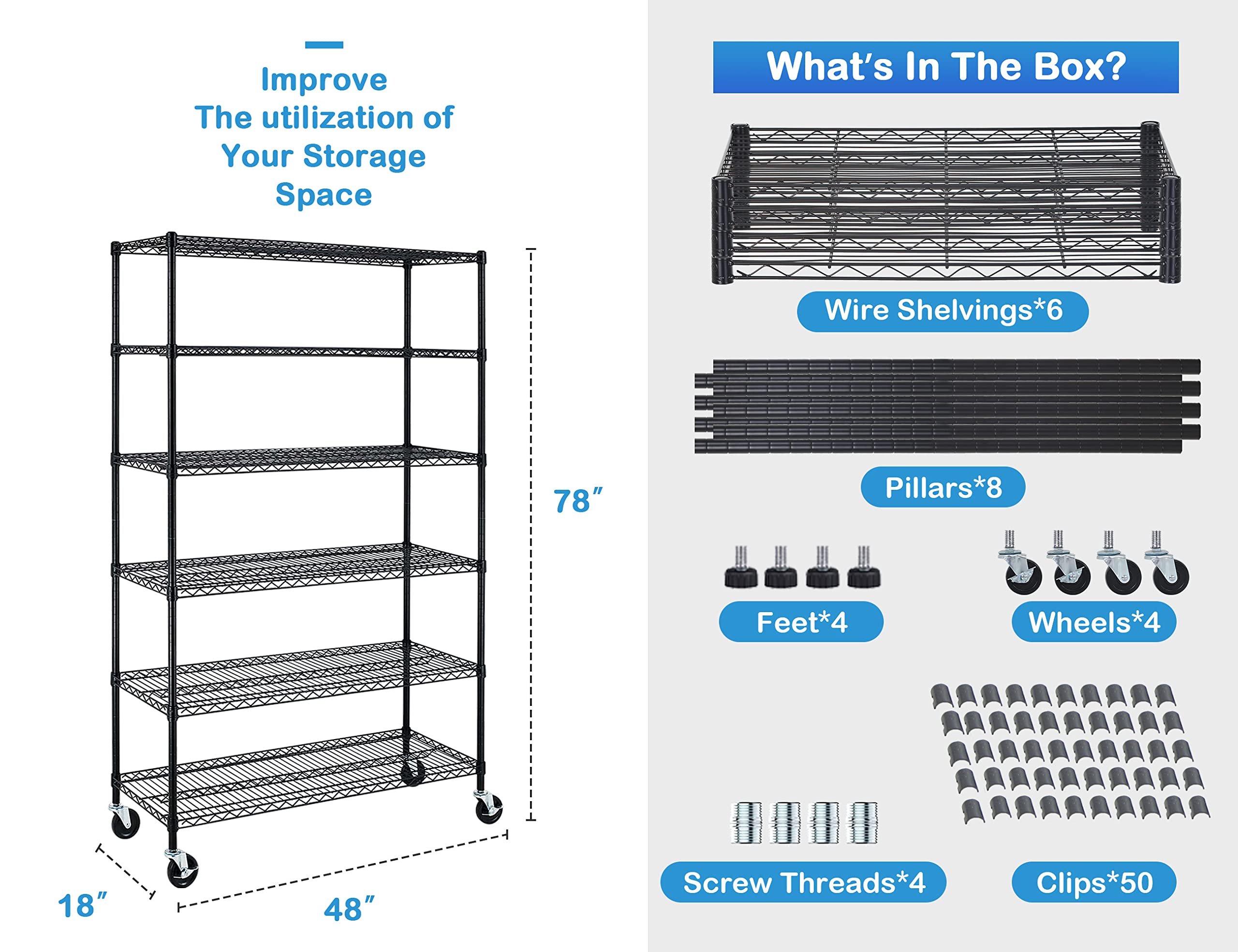 6000Lbs Capacity Storage Shelves, 6 Tier NSF Certified Heavy Duty Wire Shelving with Wheels, 48"Lx18"Wx78"H Adjustable Metal Shelving for Restaurant Pantry Kitchen, Storage Rack Utility Shelf