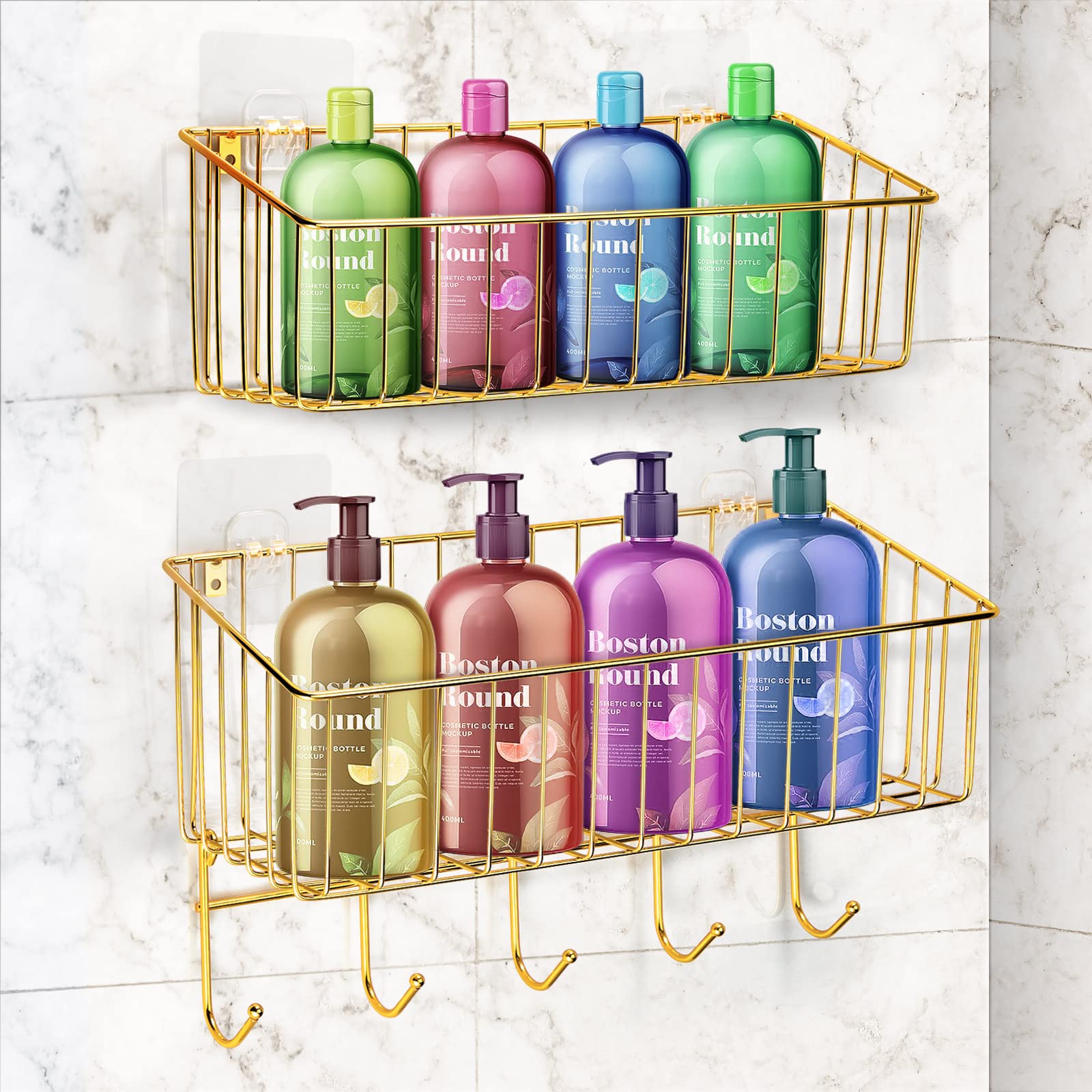 JLLOM Shower Caddy Bathroom Organizer,2-Pack Adhesive Shower Organizer with 5 Hooks,No Drilling Rustproof Stainless Steel Wall Mount Shower Shelves for Inside Shower & Kitchen Bathroom Storage