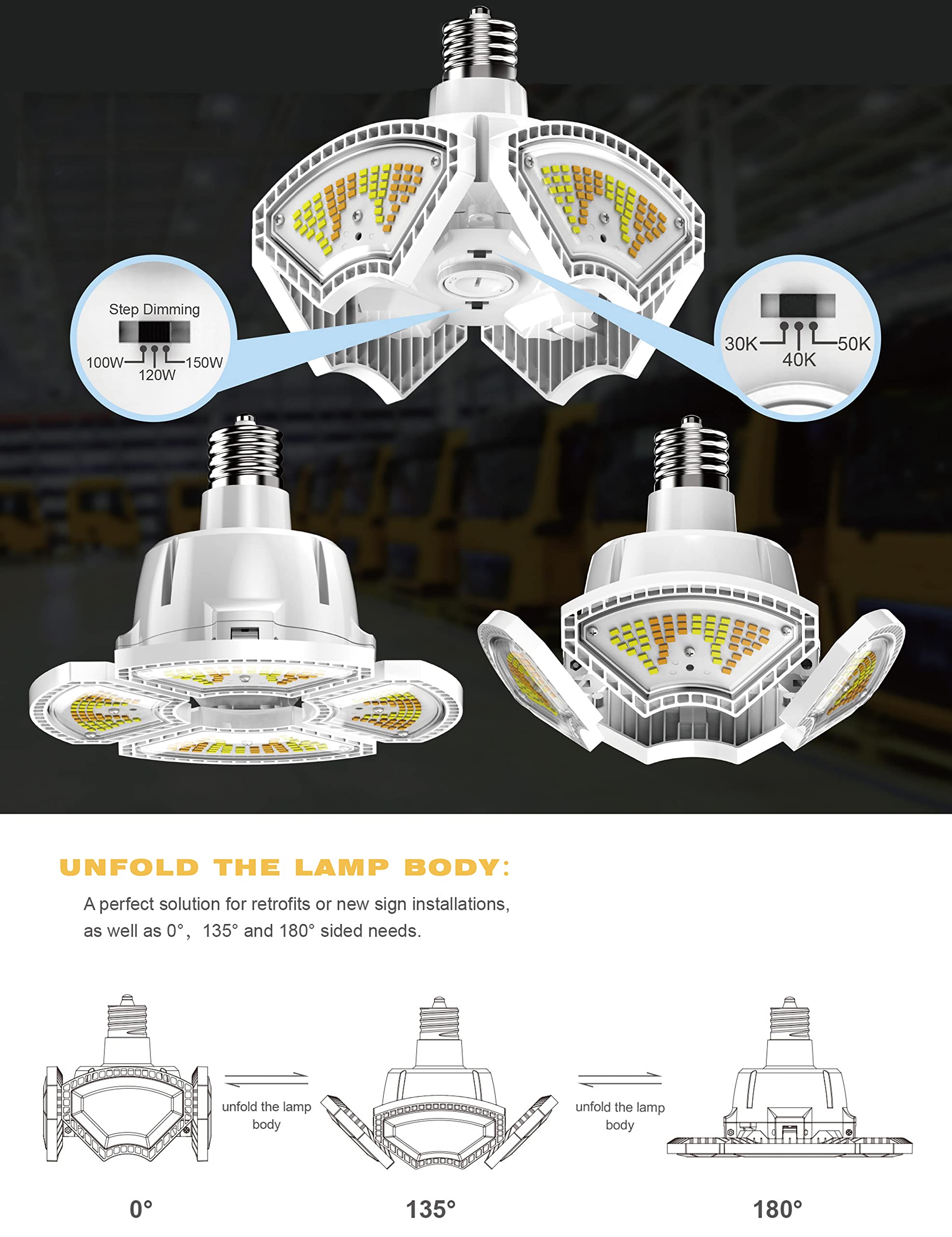 RDJ Bouns 211B 150W EX39 Base LED Garage Light Motion Sensor, White Garage Light 3000K,4000K,5000K, 4-Panel Foldable Screw-in Style, High Bay LED Shop Light, Garage Ceiling Light