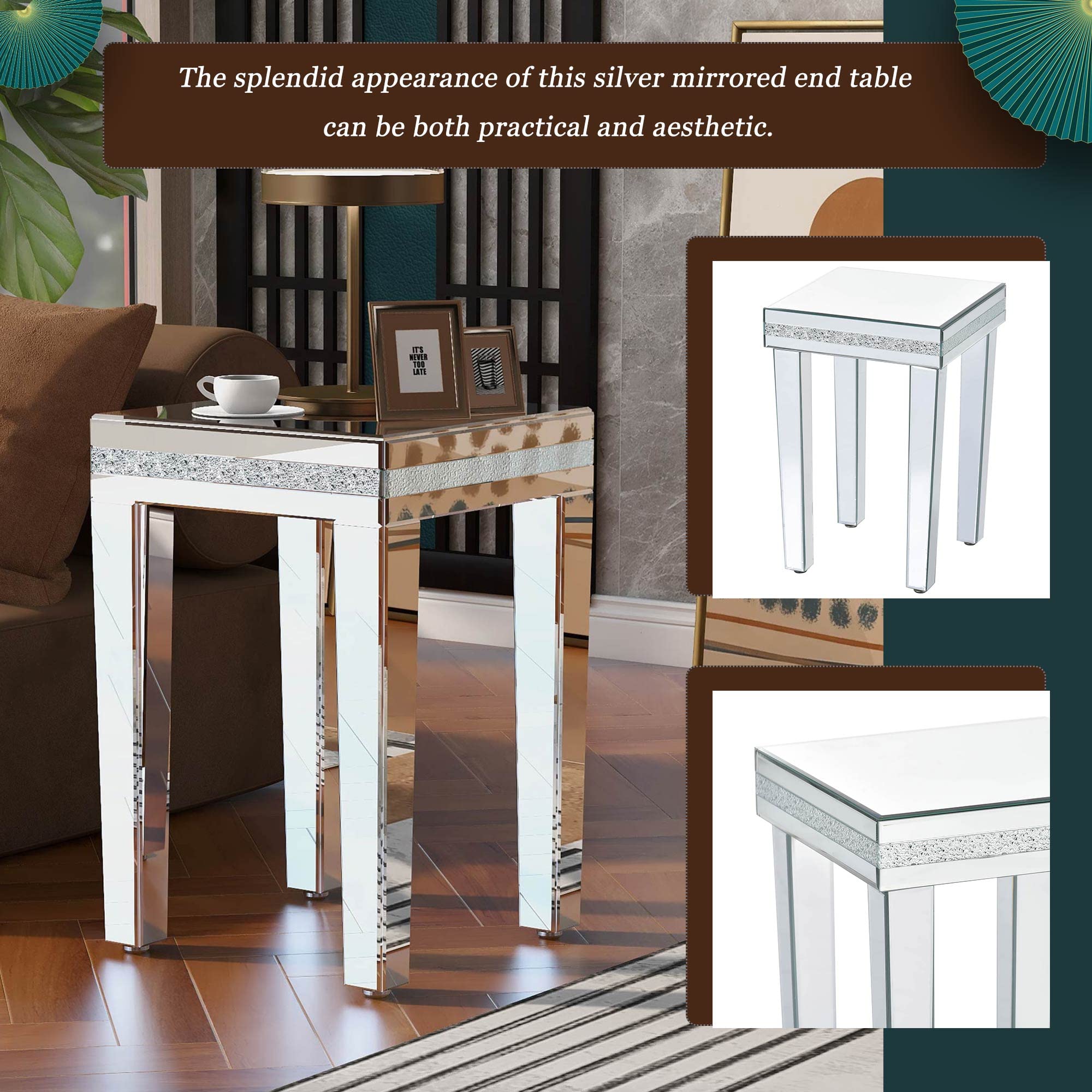 LUMISOL Mirrored End Table with Adjustable Height Legs, Mirror Silver Nightstand Bedside Table, Crystal Accent Table, for Small Space Living Room, Silver