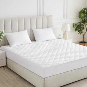 Yinlnpaul Queen Quilted Fitted Mattress Pad Breathable Mattress Protector Queen Size Machine Washable Mattress Cover Soft Mattress Topper with Deep Pocket Fitted 21 Inches (Queen,White)