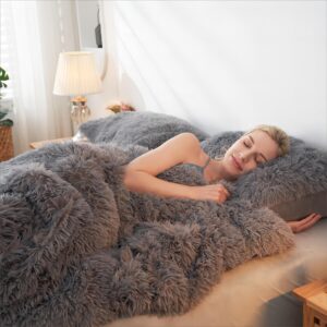 sasttie fluffy duvet cover queen size, 3 pieces shaggy fuzzy queen duvet cover set, grey flannel plush faux fur duvet cover with zipper closure, corner ties, 2 pillowshams (90x90 inch)