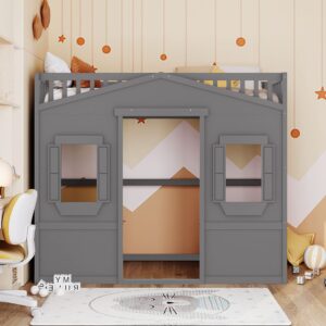 House Loft Bed Twin Loft Beds Solid Wood Frame with Window and Wall Fun Playhouse Bed with Ladder for Kids Boys Girls Teens, Twin Size, Gray