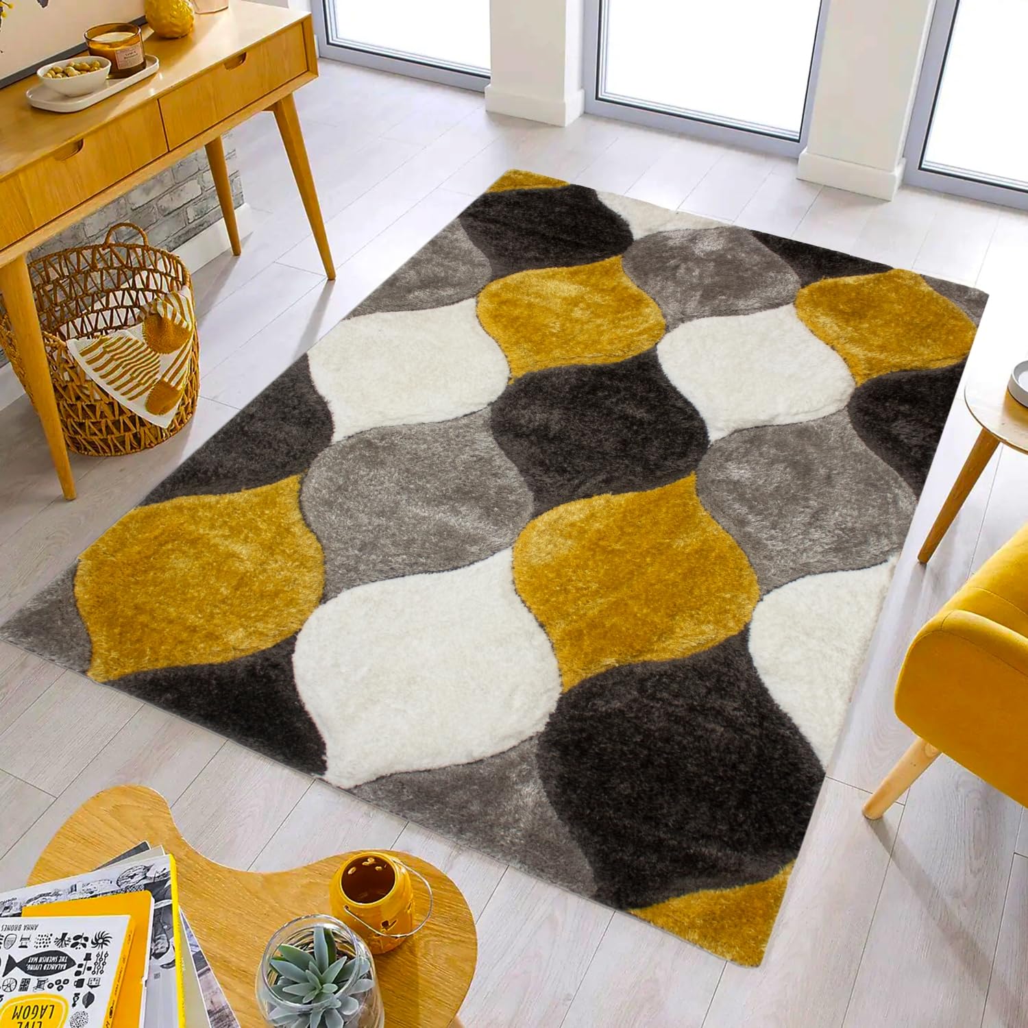 United Rugs 4D Shaggy Area Rug Yellow 5x7 | Thick Soft Plush and Modern Area Rug | Stain-Resistant, Easy-Cleaning and Machine Made| Best for Bedroom, Living Room, Office and Playroom