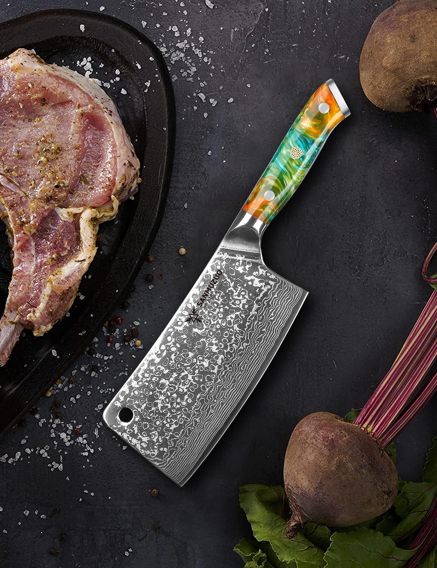 SANMUZUO Chopping Knife - 7 inch Cleaver Knife- Xuan Series - VG10 Damascus Steel Kitchen Knife - Resin Handle (Fantasy Orange)