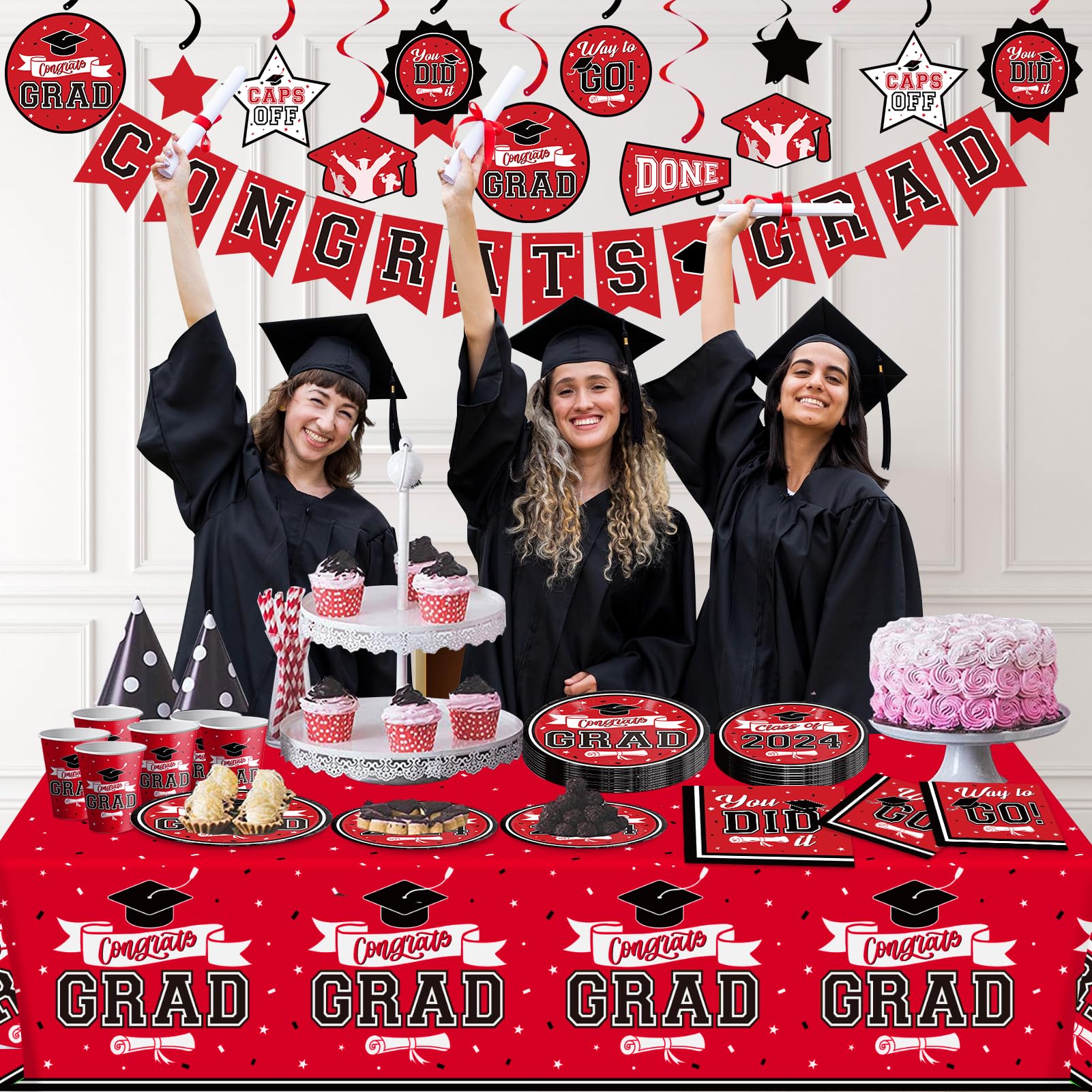 DAZONGE Graduation Decorations Class of 2024 Red and Black, Disposable Graduation Tableware Kit for 50 Guests, Plates, Napkins, Cups, Tablecloth and Hanging 2024 Graduation Party Decorations