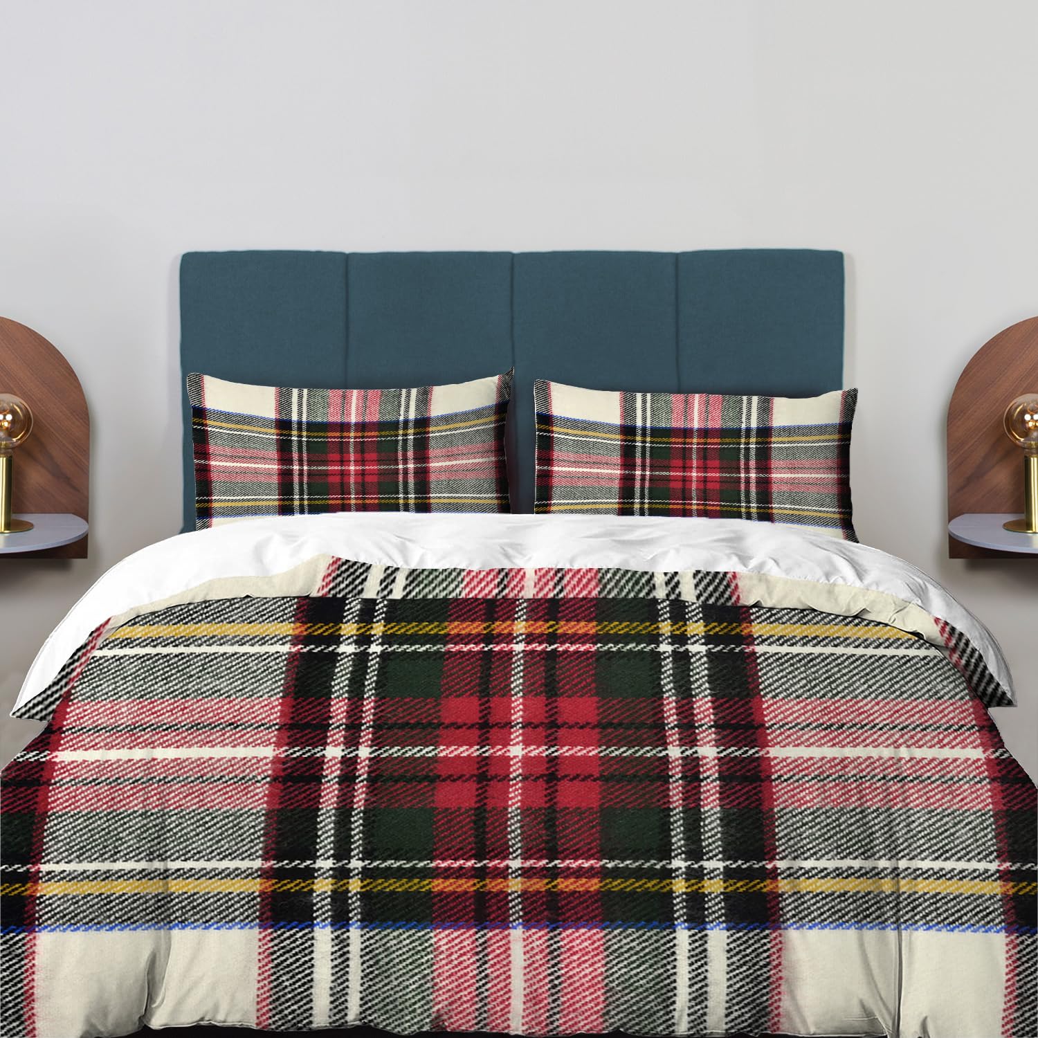 BaoNews Scottish Tartan Duvet Cover Set Twin Size,3 Pieces Green Wool Plaid Symmetric Square Fashion Bedding Set Hotel Quality PolyesterComforter Cover Set with 2 Pillowcases(No Filler)