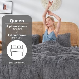 Sasttie Fluffy Duvet Cover Queen Size, 3 Pieces Shaggy Fuzzy Queen Duvet Cover Set, Grey Flannel Plush Faux Fur Duvet Cover with Zipper Closure, Corner Ties, 2 Pillowshams (90x90 Inch)