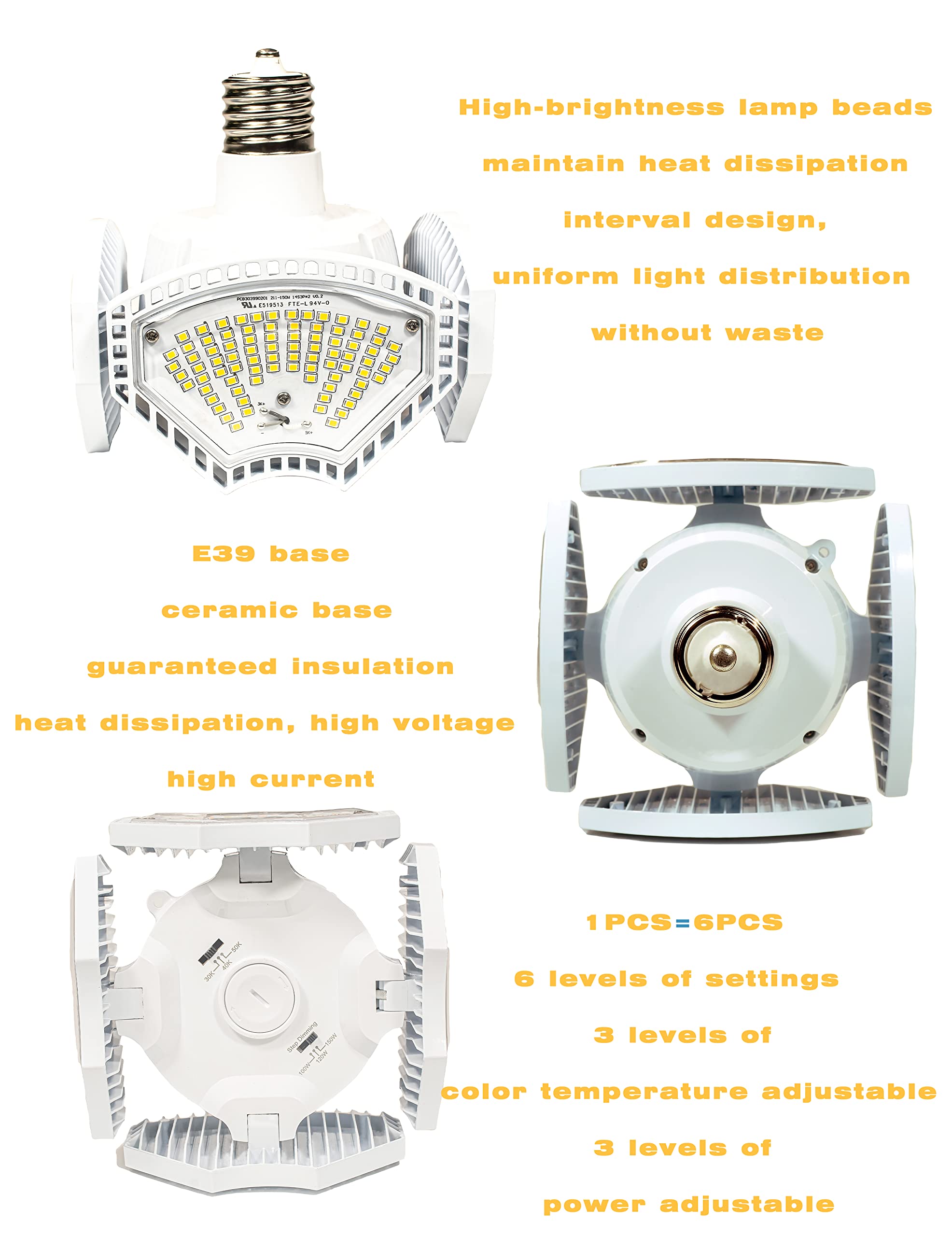 RDJ Bouns 211B 150W EX39 Base LED Garage Light Motion Sensor, White Garage Light 3000K,4000K,5000K, 4-Panel Foldable Screw-in Style, High Bay LED Shop Light, Garage Ceiling Light