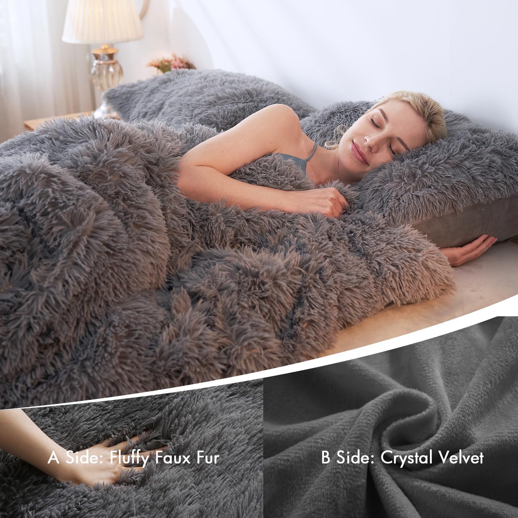 Sasttie Fluffy Duvet Cover Queen Size, 3 Pieces Shaggy Fuzzy Queen Duvet Cover Set, Grey Flannel Plush Faux Fur Duvet Cover with Zipper Closure, Corner Ties, 2 Pillowshams (90x90 Inch)