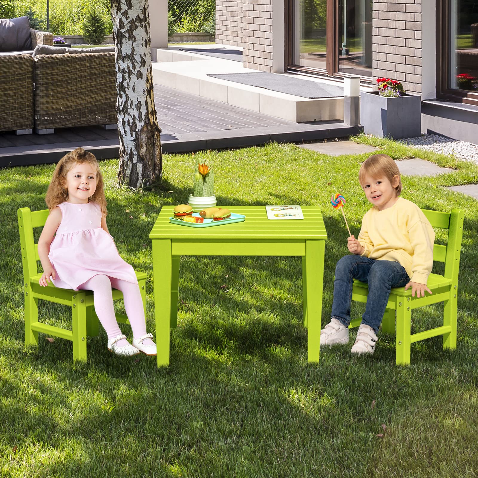 Costzon Kids Table and Chair Set, 3 Piece All-Weather Activity Table for Indoor & Outdoor, Heavy-Duty & Waterproof Furniture Set for Playroom, Nursery, Backyard, Toddler Table and Chair Set (Green)