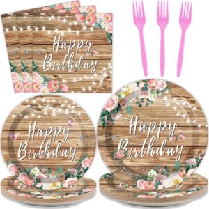 tevxj 96pcs pink floral birthday party plates wood grain flower tableware set for girls kids bridal shower party supplies rustic wooden birthday paper plates napkins forks decorations for 24 guests