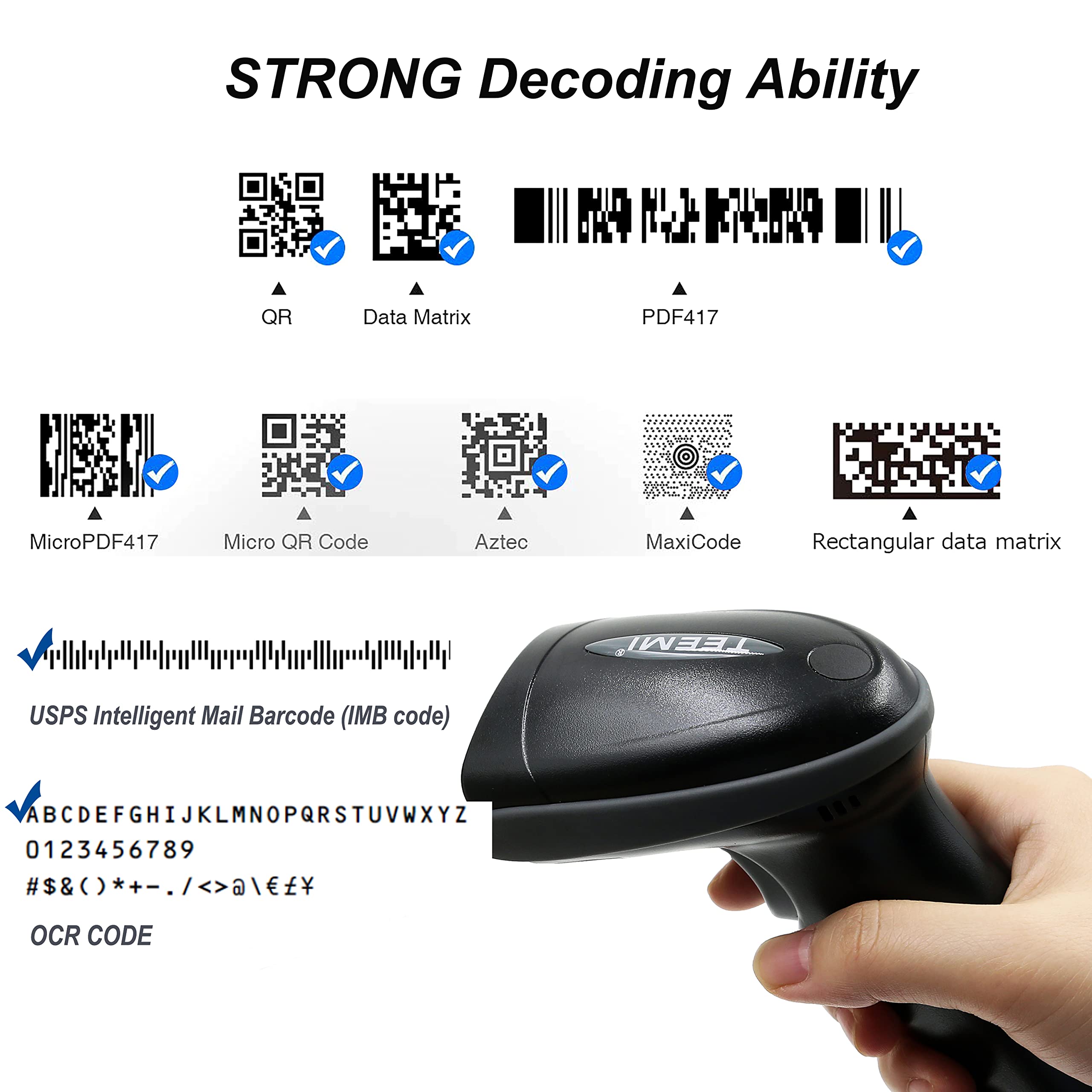 TEEMI 2D Bluetooth Barcode Scanner Wireless QR Code Reader Handsfree Screen Scanning Bar Code Scan Gun with One Press Battery Replaceable Feature (No USB Cradle)