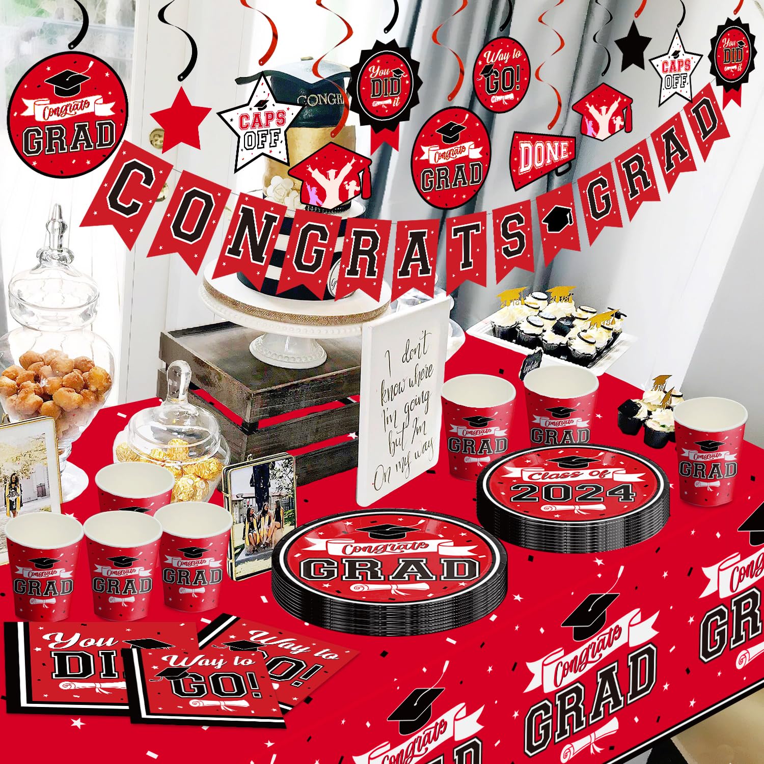 DAZONGE Graduation Decorations Class of 2024 Red and Black, Disposable Graduation Tableware Kit for 50 Guests, Plates, Napkins, Cups, Tablecloth and Hanging 2024 Graduation Party Decorations