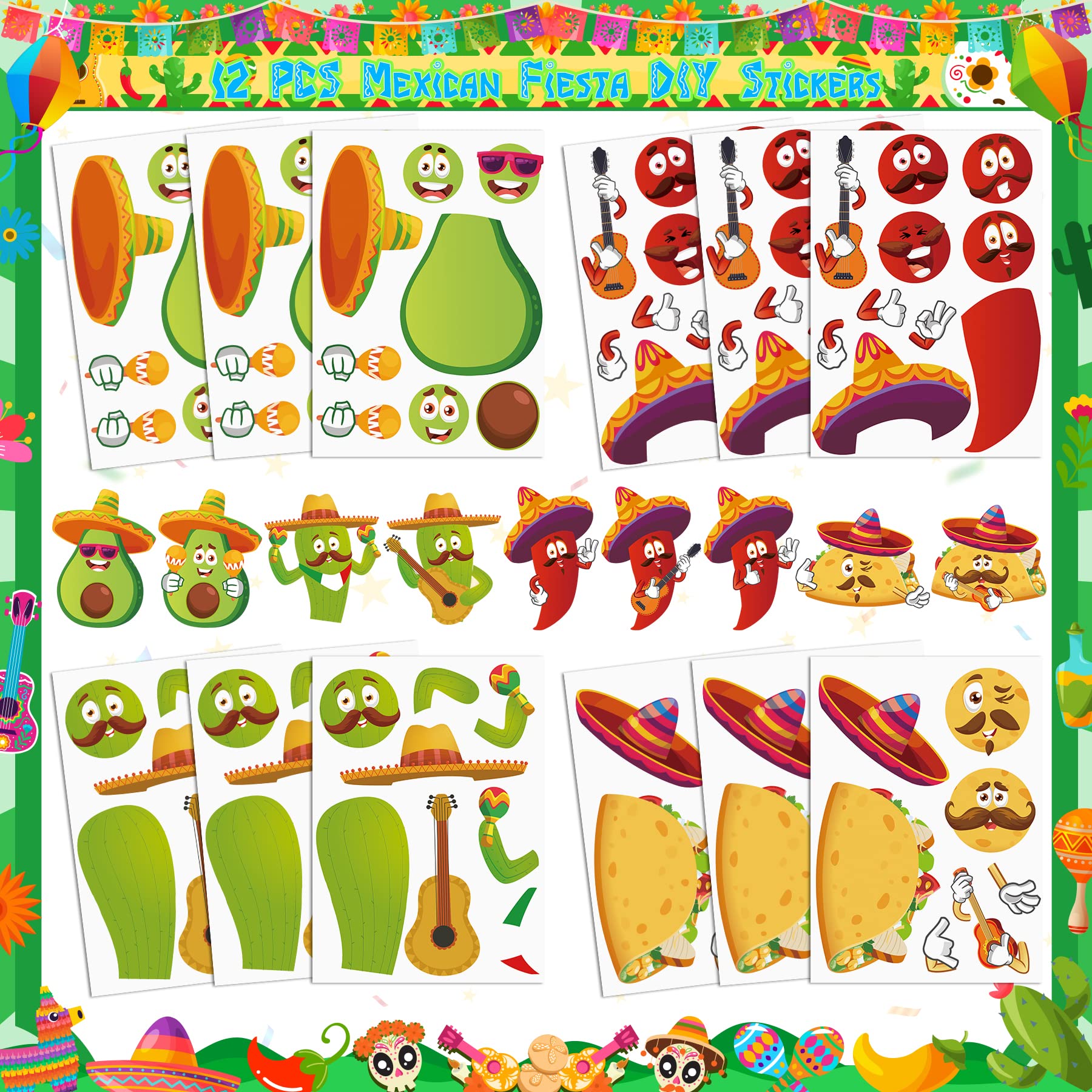 Erweicet Fiesta Party Favors 84 PCS Fiesta Mexican Theme Slap Bracelets DIY Stickers Tattoo Stickers Keychains Straws Gift Bags for Cinco De Mayo Theme Birthday Party Baby Shower