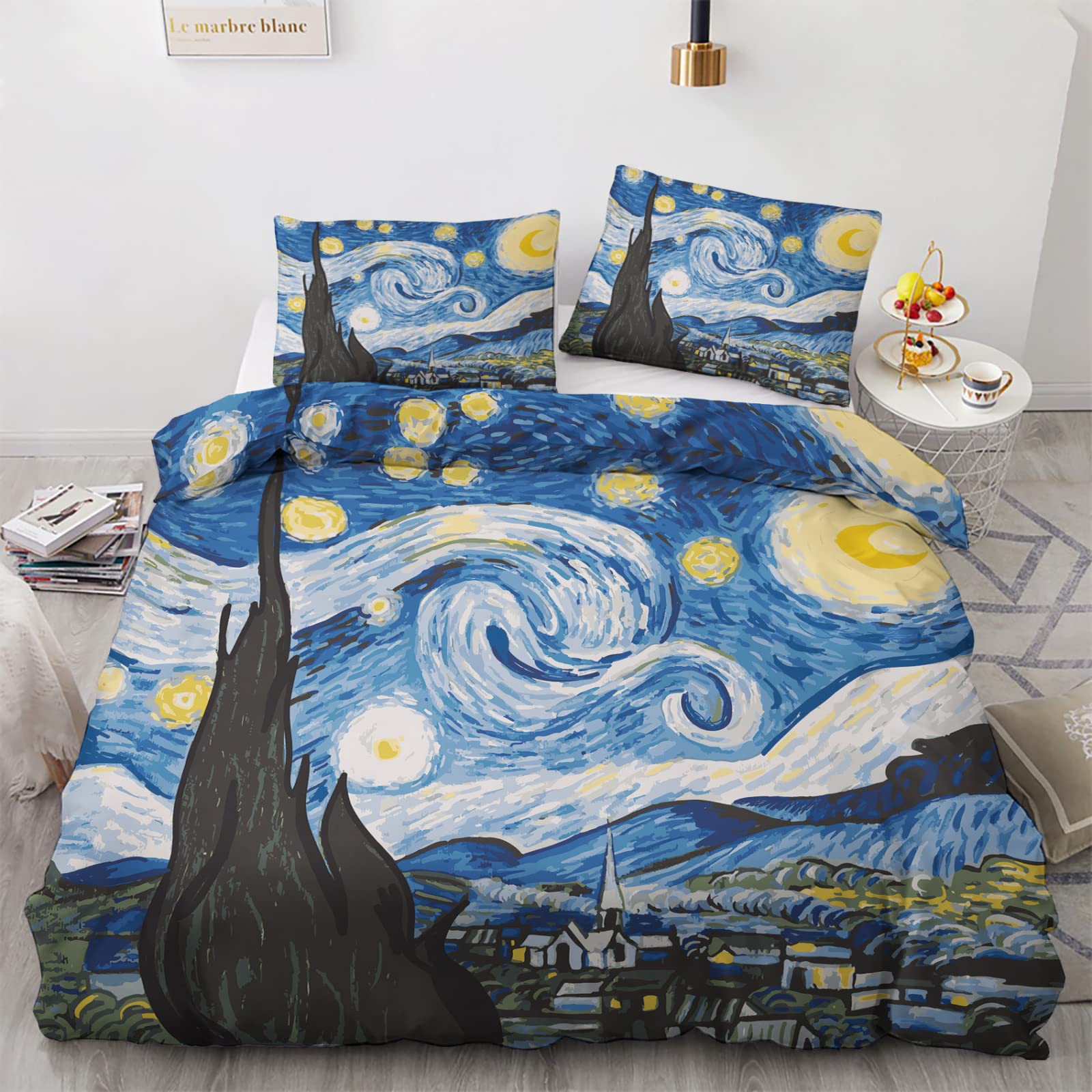 zcwl Impressionism Duvet Cover Queen Size | Starry Night Bedding Set | 3 Piece | Soft Microfiber Patterned Comforter Cover with Zipper Ties & 2 Pillowcases | Impressionism Bedroom & Room Decor