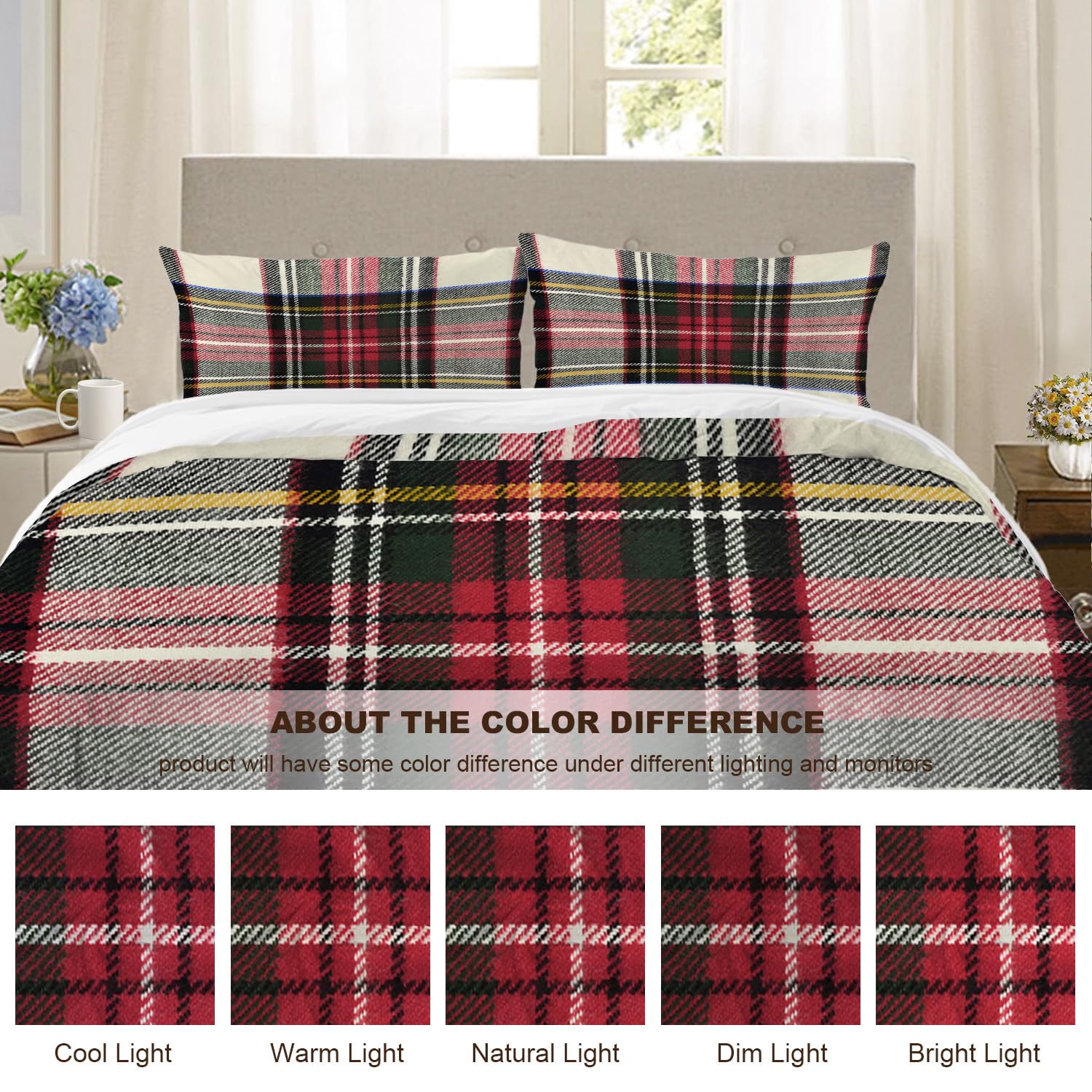 BaoNews Scottish Tartan Duvet Cover Set Twin Size,3 Pieces Green Wool Plaid Symmetric Square Fashion Bedding Set Hotel Quality PolyesterComforter Cover Set with 2 Pillowcases(No Filler)