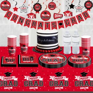 DAZONGE Graduation Decorations Class of 2024 Red and Black, Disposable Graduation Tableware Kit for 50 Guests, Plates, Napkins, Cups, Tablecloth and Hanging 2024 Graduation Party Decorations