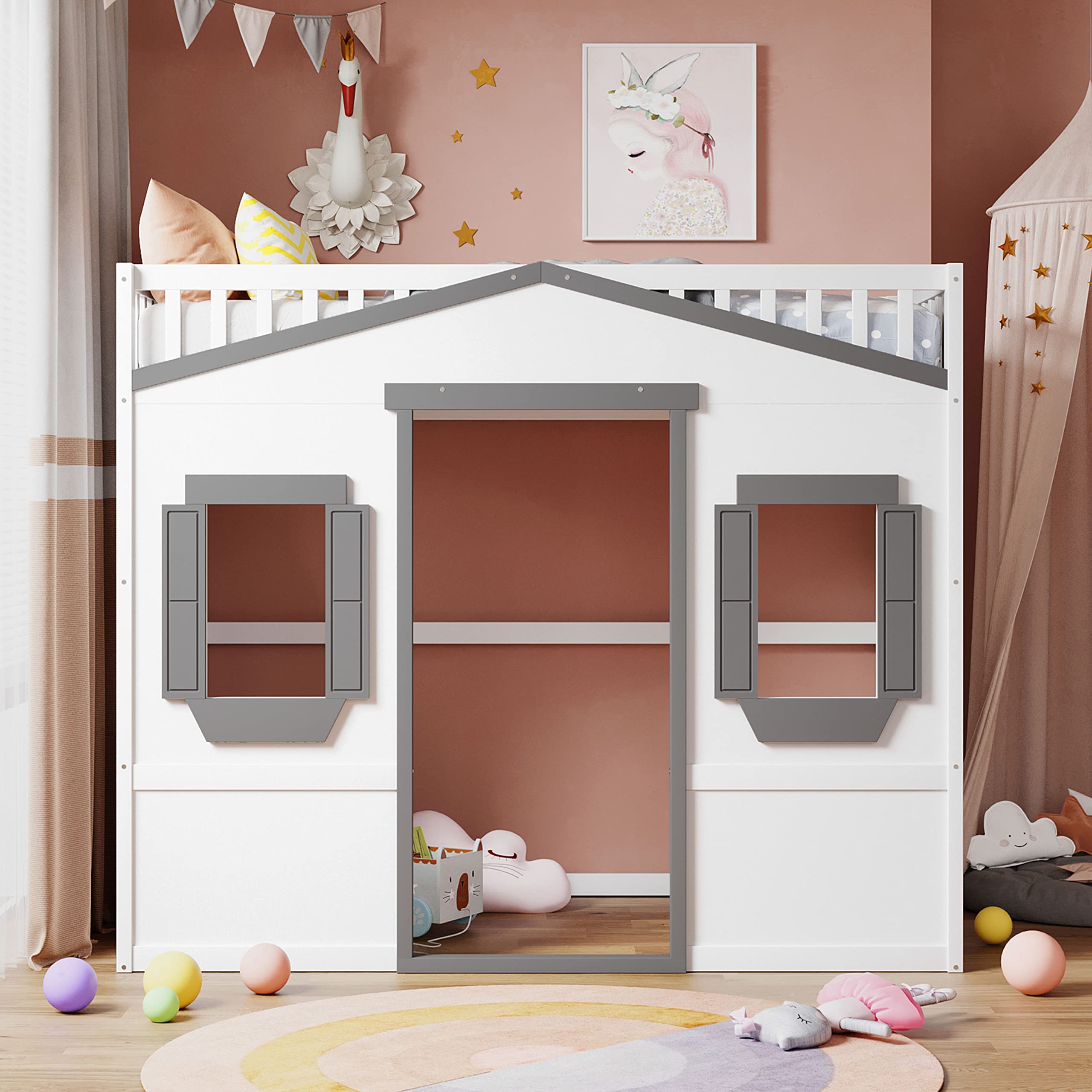 Harper & Bright Designs House Loft Bed Full Size Kids Playhouse Bed, Solid Wood Loft Bed Frame with Window and Ladder, for Girls Boys (Full Size, White+Gray)