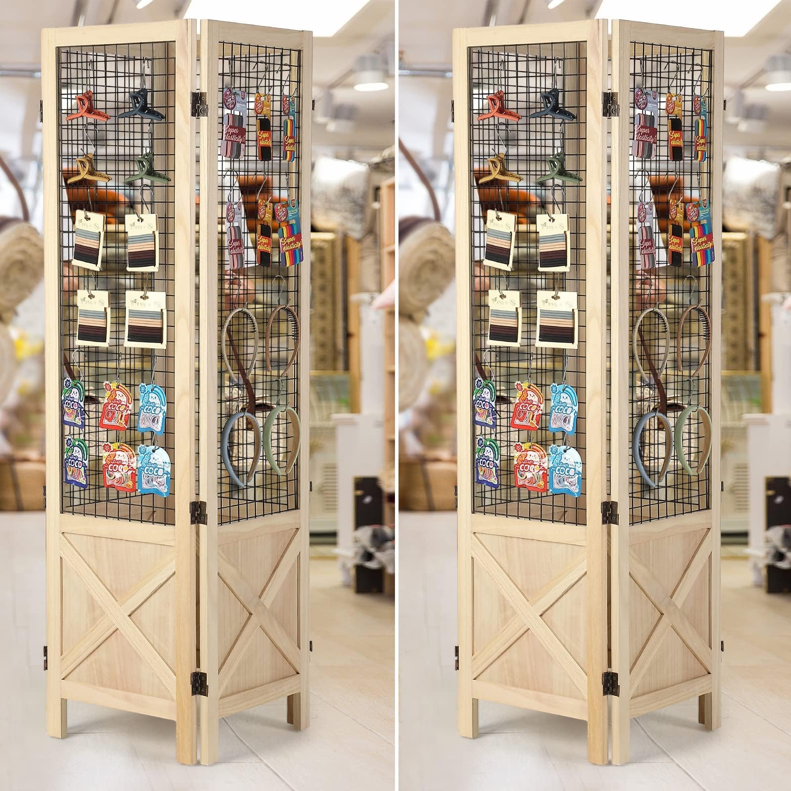 Wnutrees 4 Panel Gridwall Display, Portable Freestanding Display Board for Craft/Art Shows, Retail, Events, Decorative Wood Room Divider Folding Screens, Natural