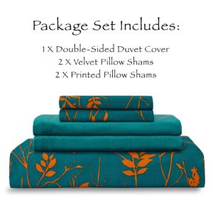 Chanasya Premium 5-Piece Reversible Ultra Soft Brushed Microfiber Velvet Bedding Comforter Duvet Cover Set - Teal Yellow Bramble Leaves Foliage Print - (1 Duvet Cover & 4 Pillow Shams) - Queen Bed